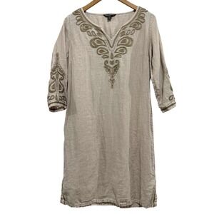 Tommy Bahama Women's Small Linen Embroidered Shift Dress Beige Boho Beach Cruise